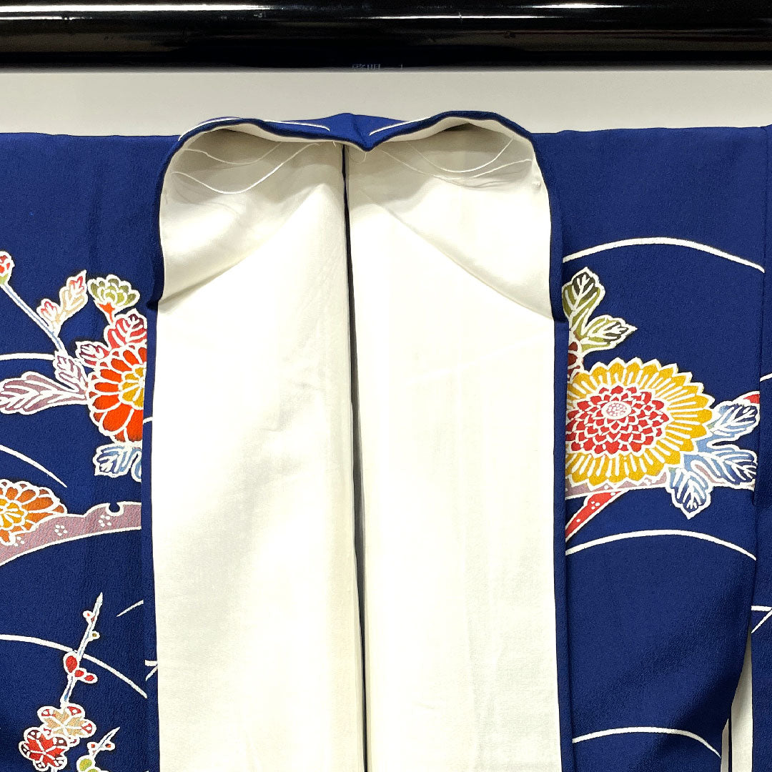 小紋 身丈156.5cm 裄丈62cm 袷 紺藍色 京紅型 菊 露芝 正絹 Sランク 紺系 1115003382318