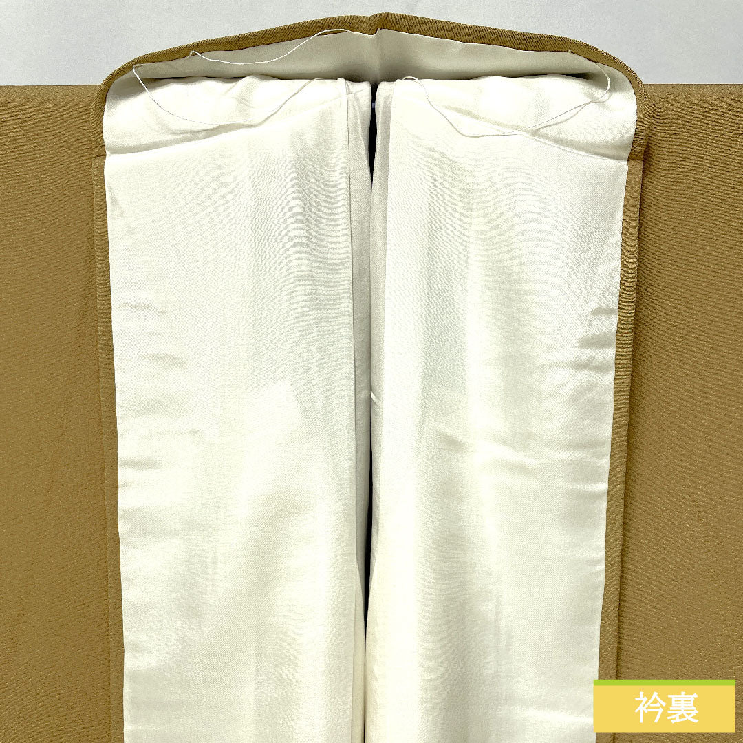 色無地 正絹 身丈155cm 裄丈65.5cm 枯野色(かれのいろ) 素無地 一つ紋 陰違い鷹の羽 袷 Sランク ベージュ系 1114001992325