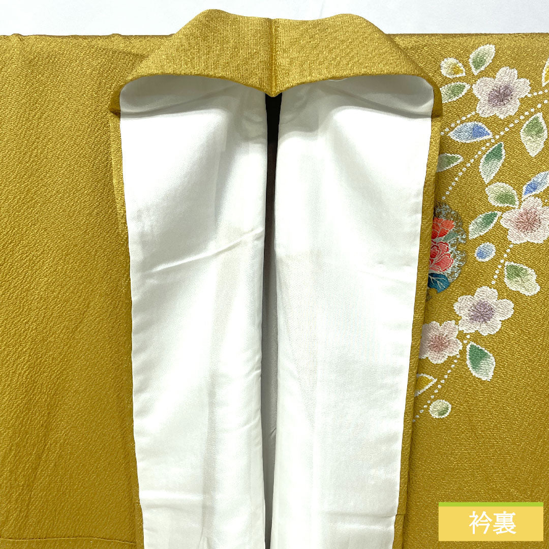Homongi, pure silk, lined, length 163cm, sleeve length 69cm, yellow paper color, Kyoto Yuzen, cherry blossom, chrysanthemum, pink, new harebare processing, S rank, yellow, 1112005152423