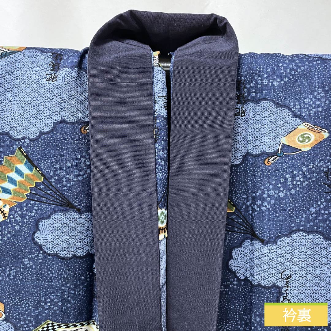 Men's wool nagajuban (long under-kimono), S-rank, length 135cm, sleeve length 65.5cm, navy blue with cloud pattern, folding fan, and biwa (Japanese lute) design. Blue-based design. Product code: 1140000672317