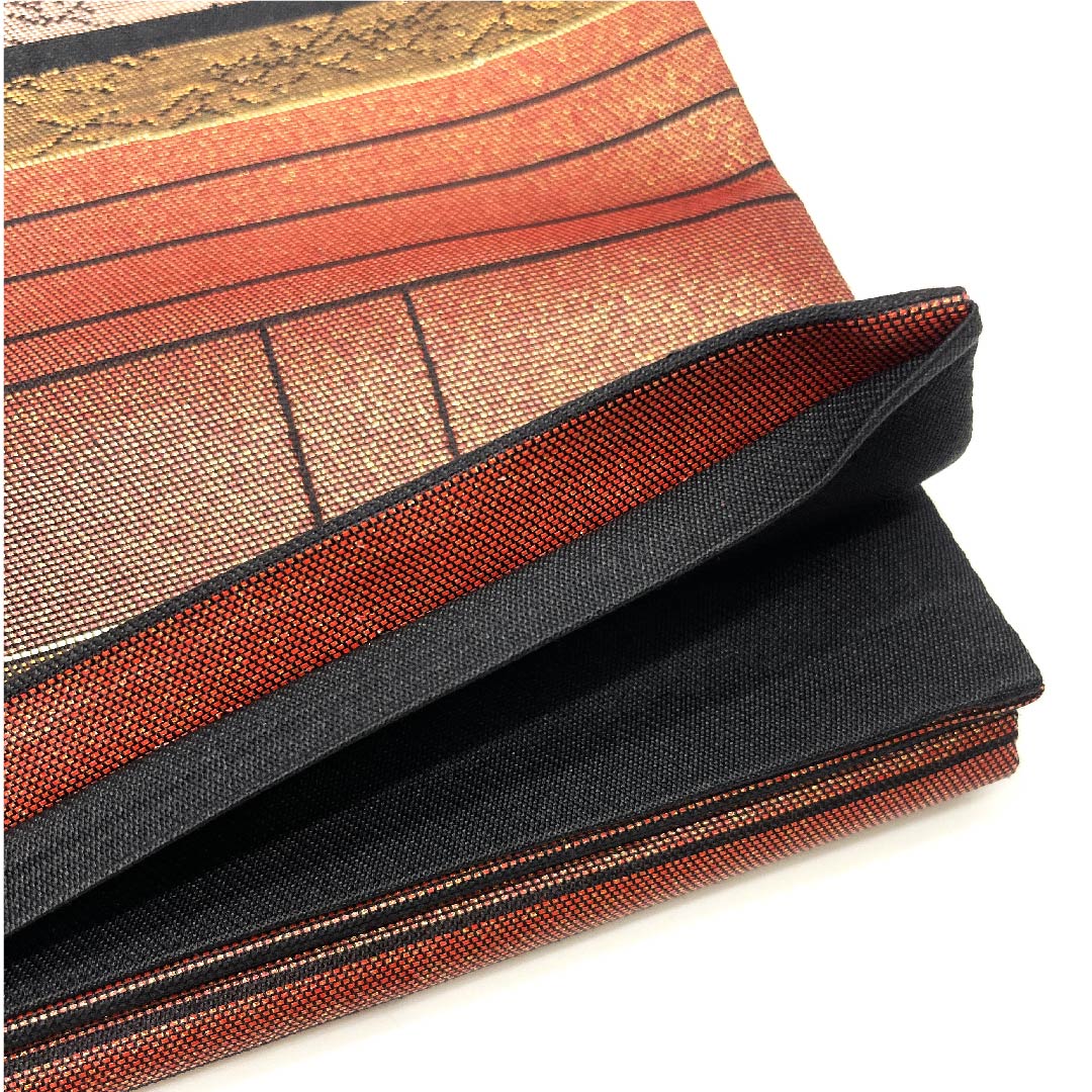 袋帯 牛血紅色(ぎゅうけつこういろ) 横段 幾何学模様 帯丈442cm 正絹 Sランク 六通 セミフォーマル 朱系 1123002752316