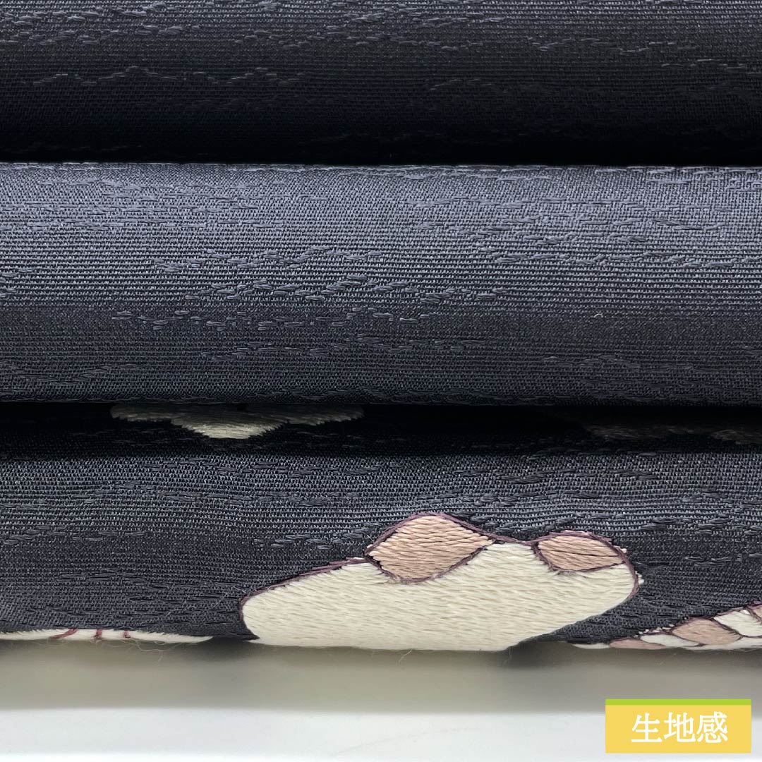 袋帯 正絹 鋼色(はがねいろ) 刺繍 象 鳥 帯丈438cm Sランク ポイント柄 カジュアル 紺系 1123013052318