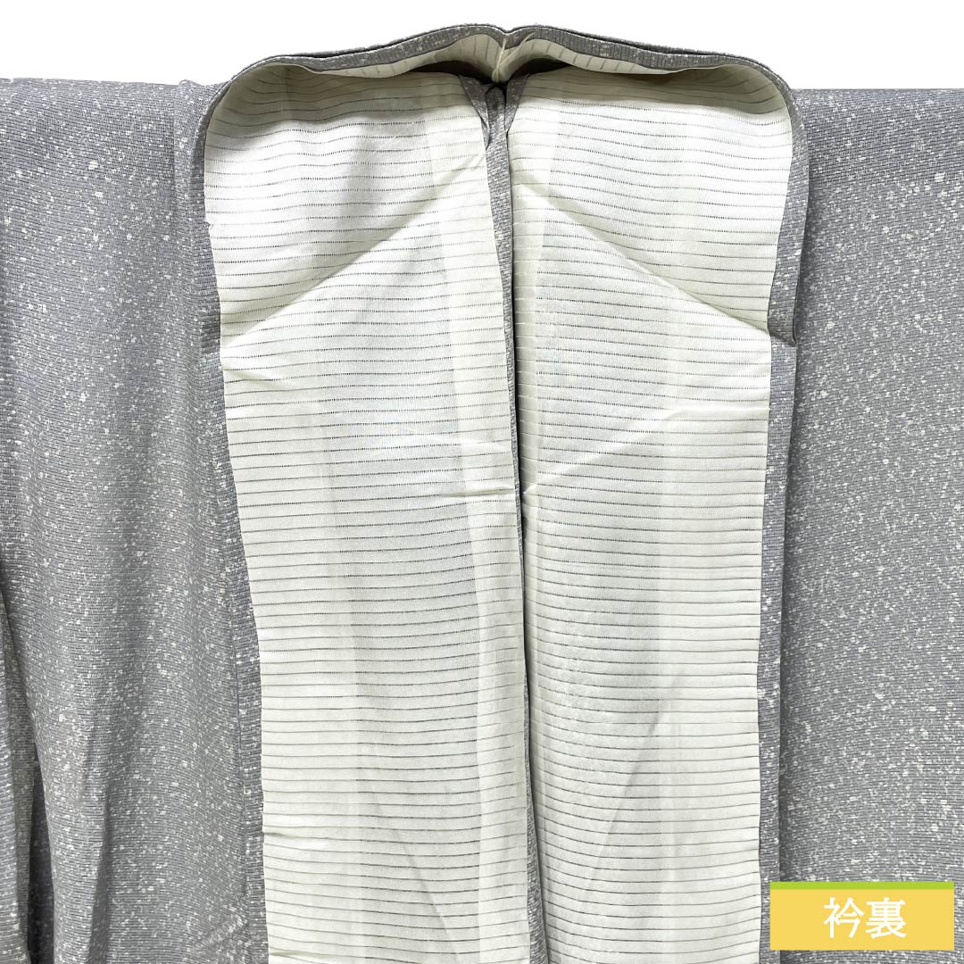 夏物 正絹 小紋 Aランク 身丈156cm 裄丈65.5cm 銀灰色(ぎんかいしょく) タタキ染 一つ紋 丸に上り藤 絽 グレー系 1132006423322