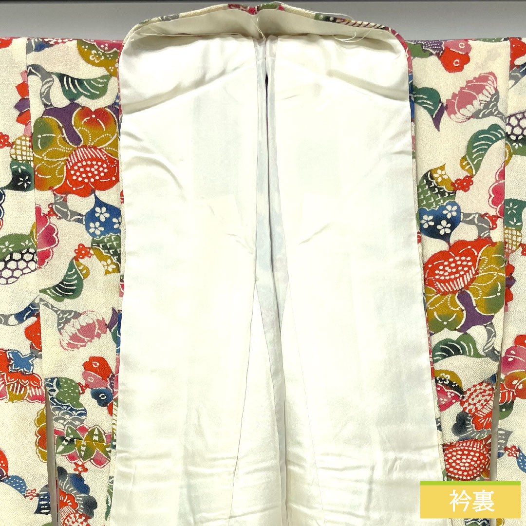 小紋 正絹 身丈158cm 裄丈62cm 袷 乳白色(にゅうはくしょく) 京紅型 草花模様 Aランク クリーム系 1115004293315