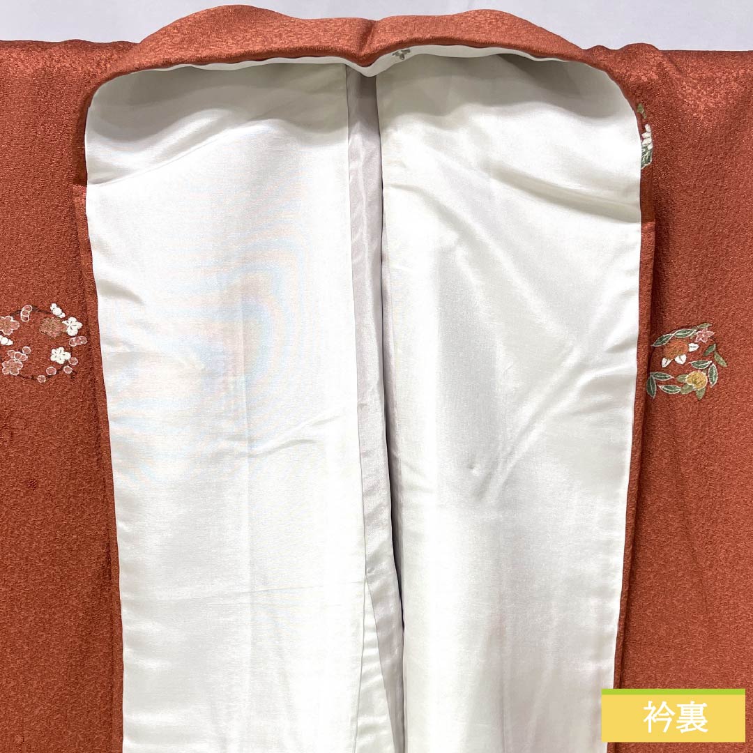 小紋 正絹 身丈163.5cm 裄丈66.5cm 袷 紅唐色(べにとういろ) 型染 花輪 Sランク 朱系 1115006072416