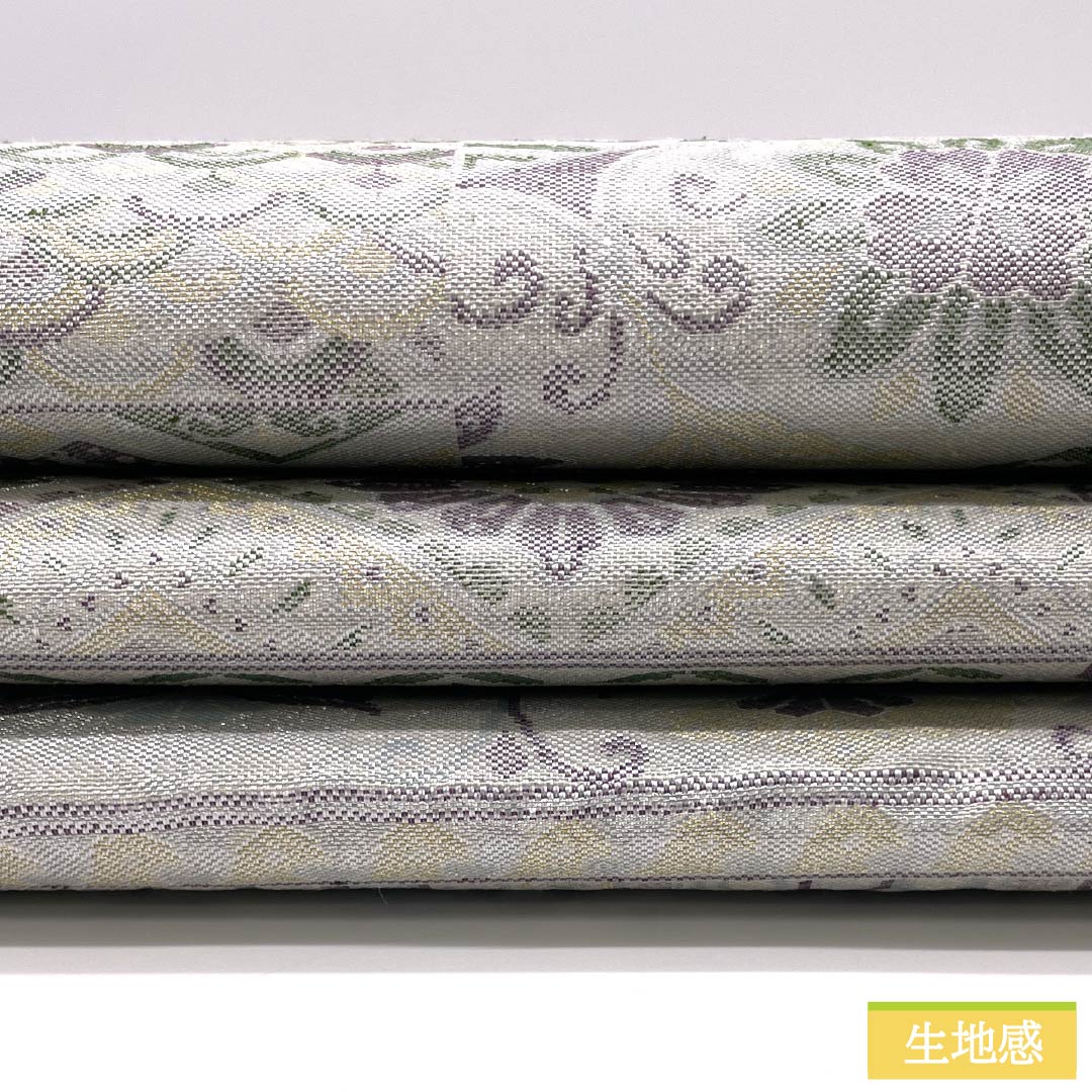 袋帯 正絹 留袖用 花菱 亀甲 抽象花 帯丈420cm Sランク 六通 フォーマル 銀系 1123014492322