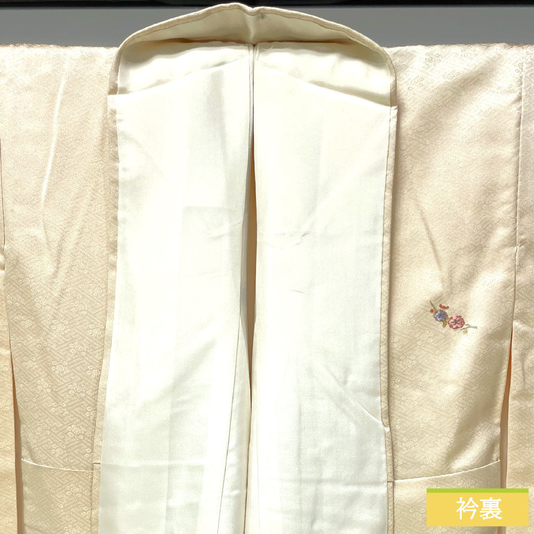 Komon, pure silk, length 162cm, sleeve length 64cm, lined, light color, Kyoto Yuzen, embroidery, B rank, cream color, 1115004204415