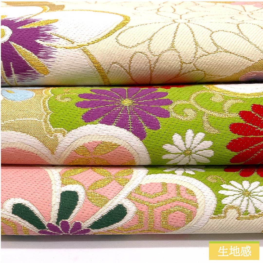 袋帯 正絹 生成り色(きなりいろ) 梅 菊 七宝 花唐草 帯丈434cm Sランク 六通 フォーマル クリーム系 1123011712315