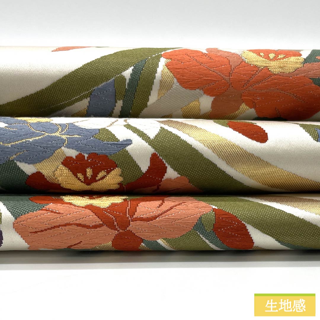 Fukuro Obi, pure silk, floral pattern, obi length 442cm, S rank, six-way, formal, white, 1123013912311