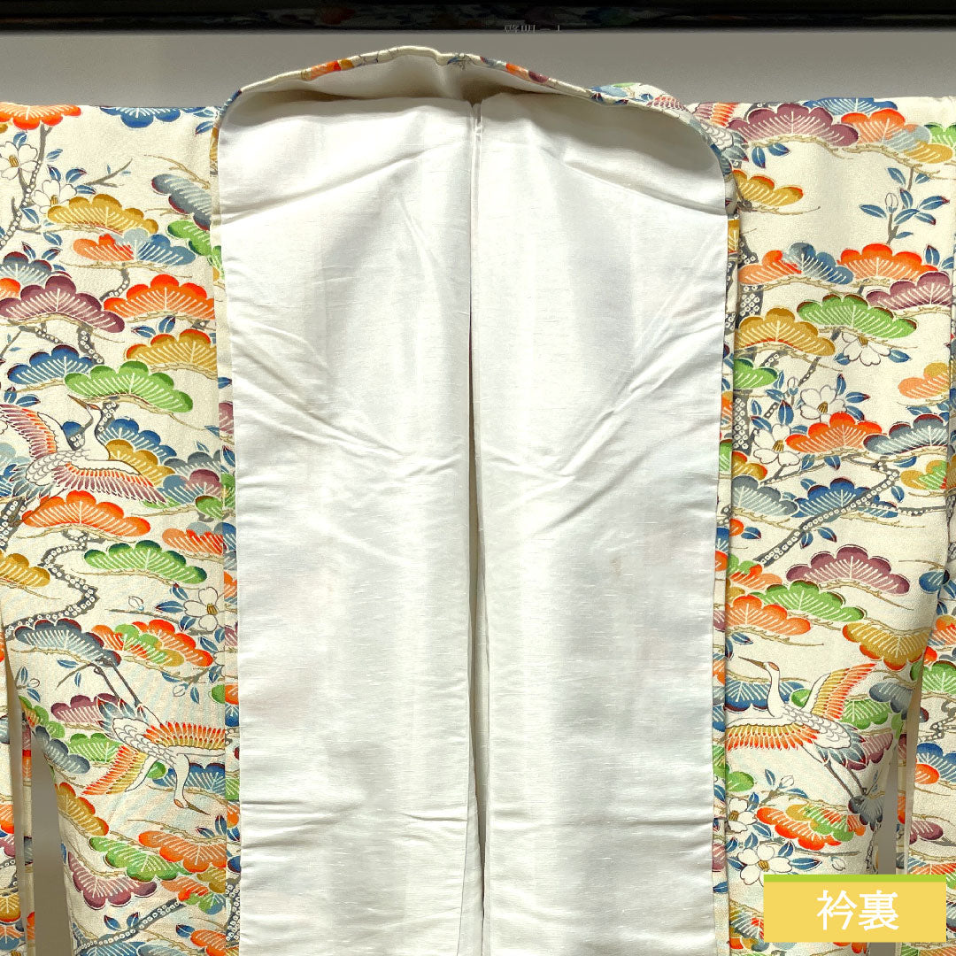 小紋 クリーム系 身丈152.5cm 裄丈67.5cm 袷 乳白色 松 鶴 正絹 Aランク 1115003743215