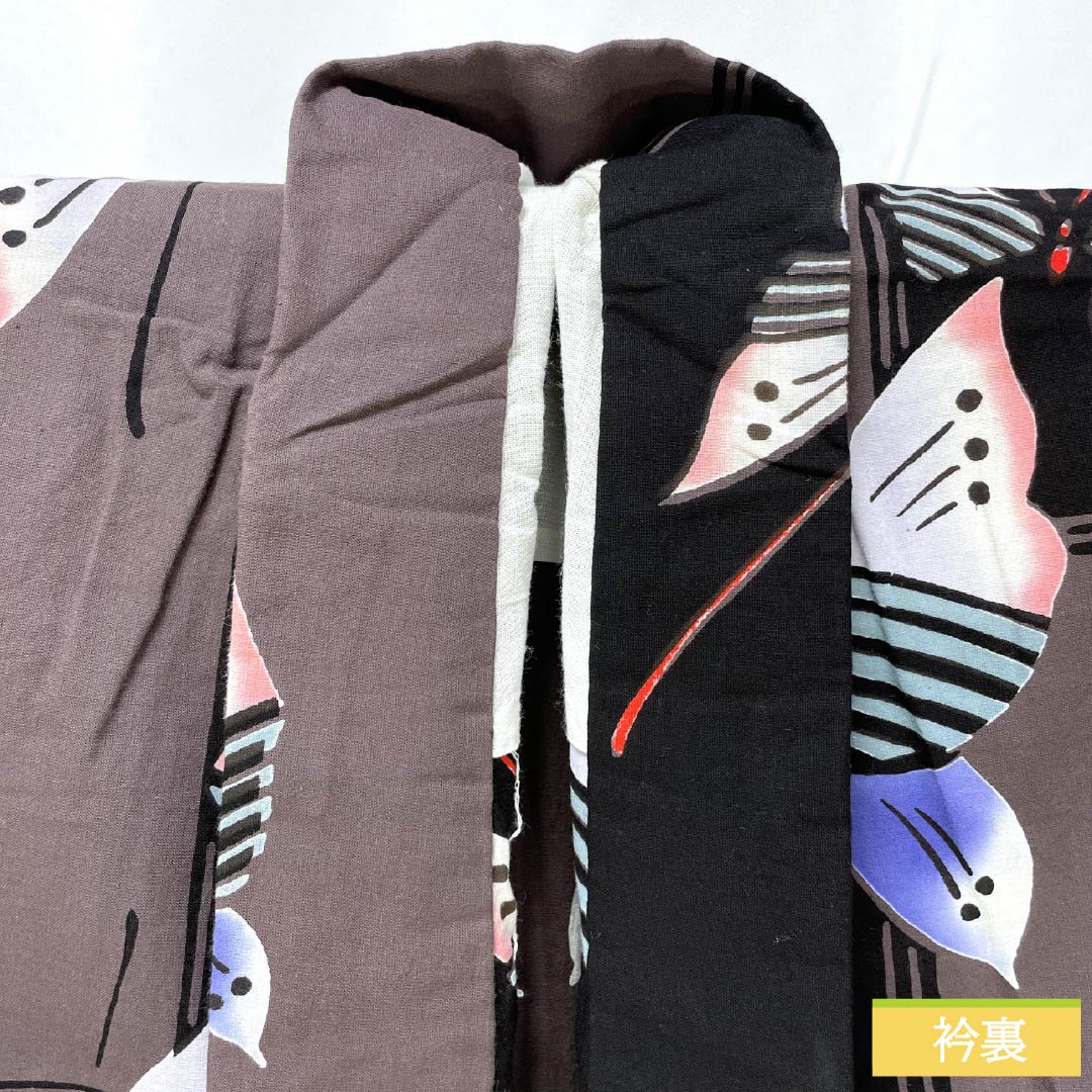 浴衣 木綿 身丈158cm 裄丈67cm Bランク 単衣 モノトーン 蒲萄鼠色(ぶどうねずいろ) 蝶 1118005824327
