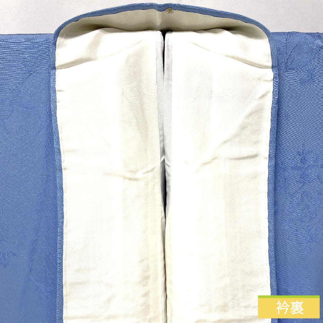 色無地 正絹 身丈162cm 裄丈66.5cm 勿忘草色(わすれなぐさいろ) 一つ紋 梅鉢 袷 Aランク 水色系 1114001943424