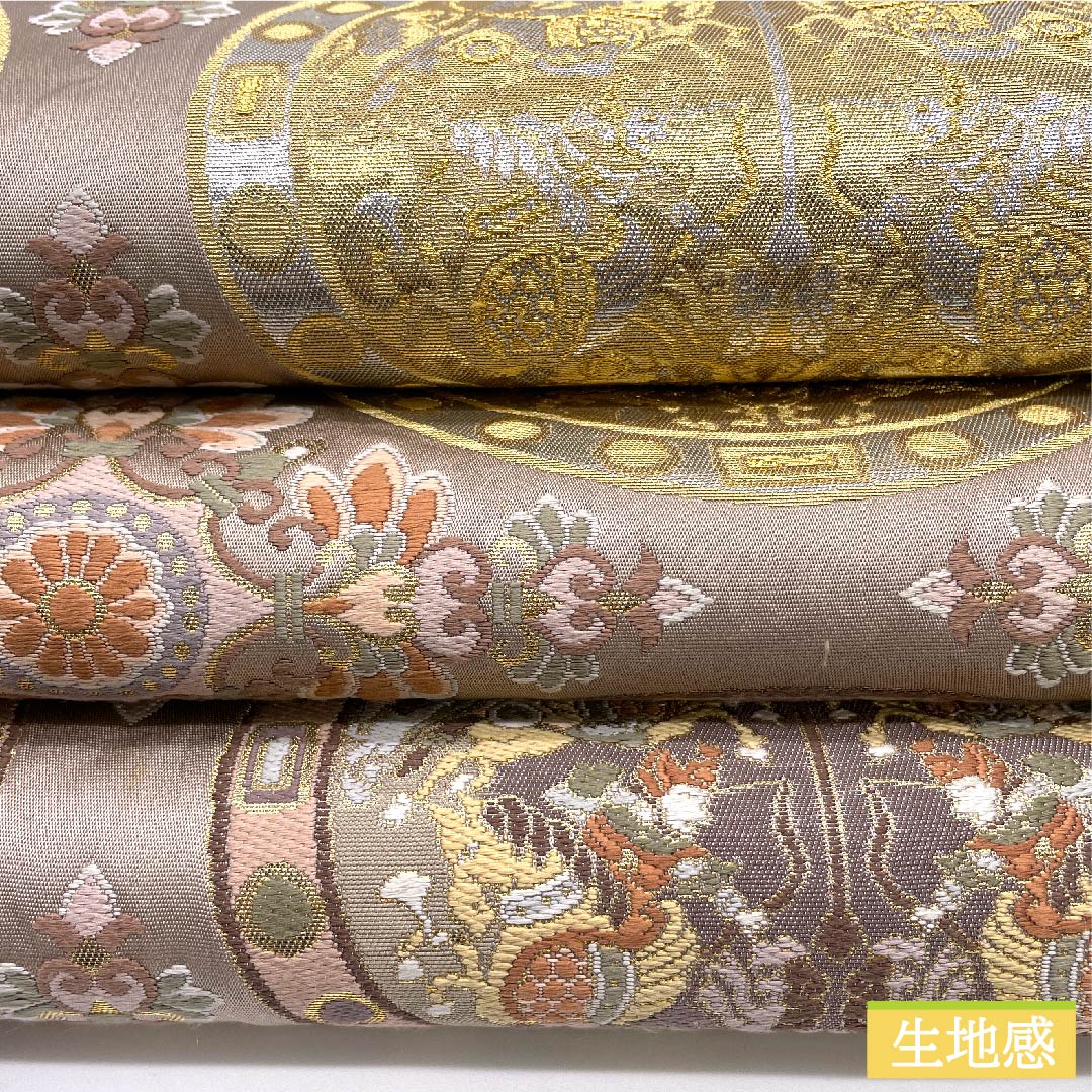 袋帯 鴇色鼠色(ときいろねずいろ) 正倉院模様 宝高錦 作家物 帯丈424cm 正絹 Sランク 六通 フォーマル ピンク系 1123009852313