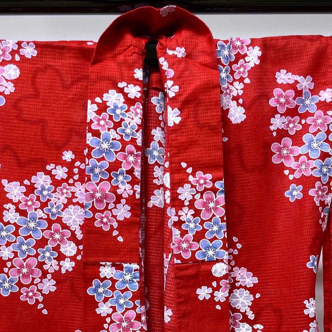 浴衣 土耳古赤色 梅 桜 木綿 Sランク 単衣 身丈165cm 裄丈65.5cm 赤系 1118004232512