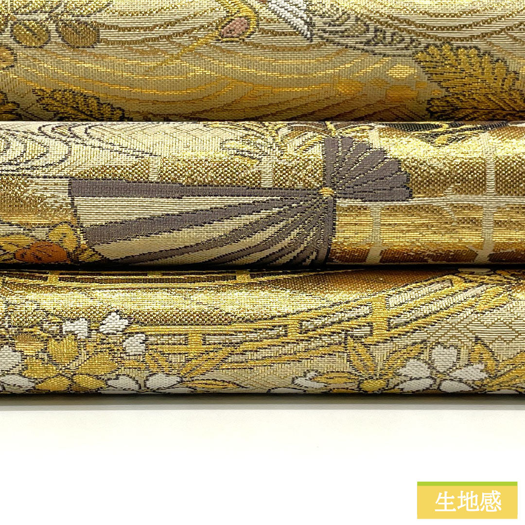 袋帯 正絹 Sランク 西陣織 扇 鶴 茶屋辻 吉祥文様 帯丈426cm 全通 フォーマル 金系 1123016132321