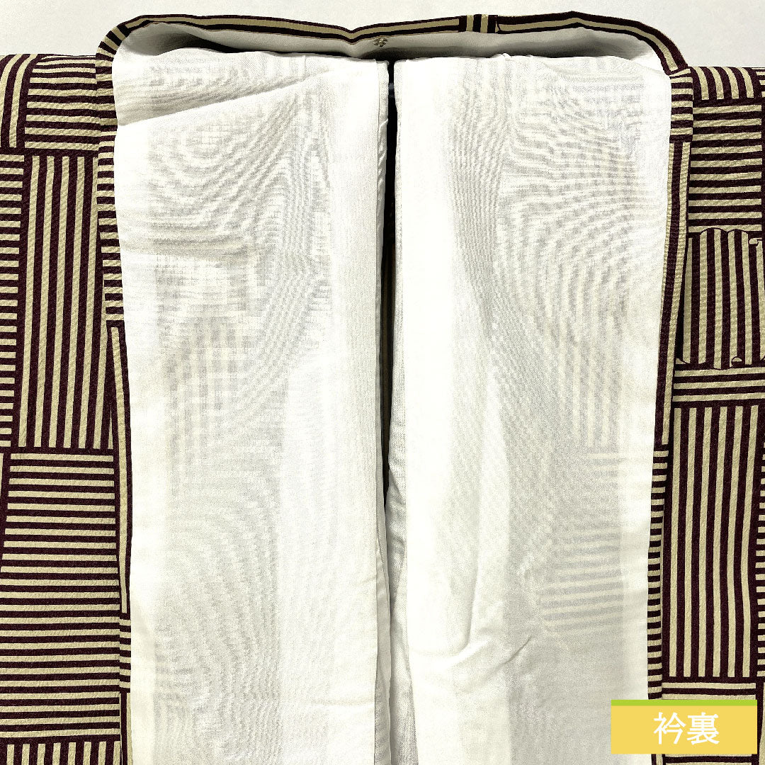 小紋 ポリエステル 身丈166cm 裄丈66.5cm 袷 暗褐色(あんかっしょく) 鳥の子色(とりのこいろ) 洗える着物 雪輪 縞 Sランク 茶系 1115004802514