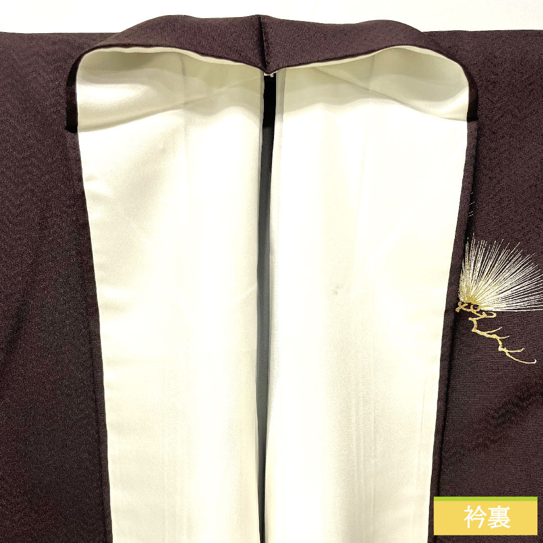 訪問着 正絹 袷 身丈161cm 裄丈65.5cm 茶黒色(ちゃぐろいろ) 京友禅 松 一つ紋 丸に木瓜 Aランク 茶系 1112005033414