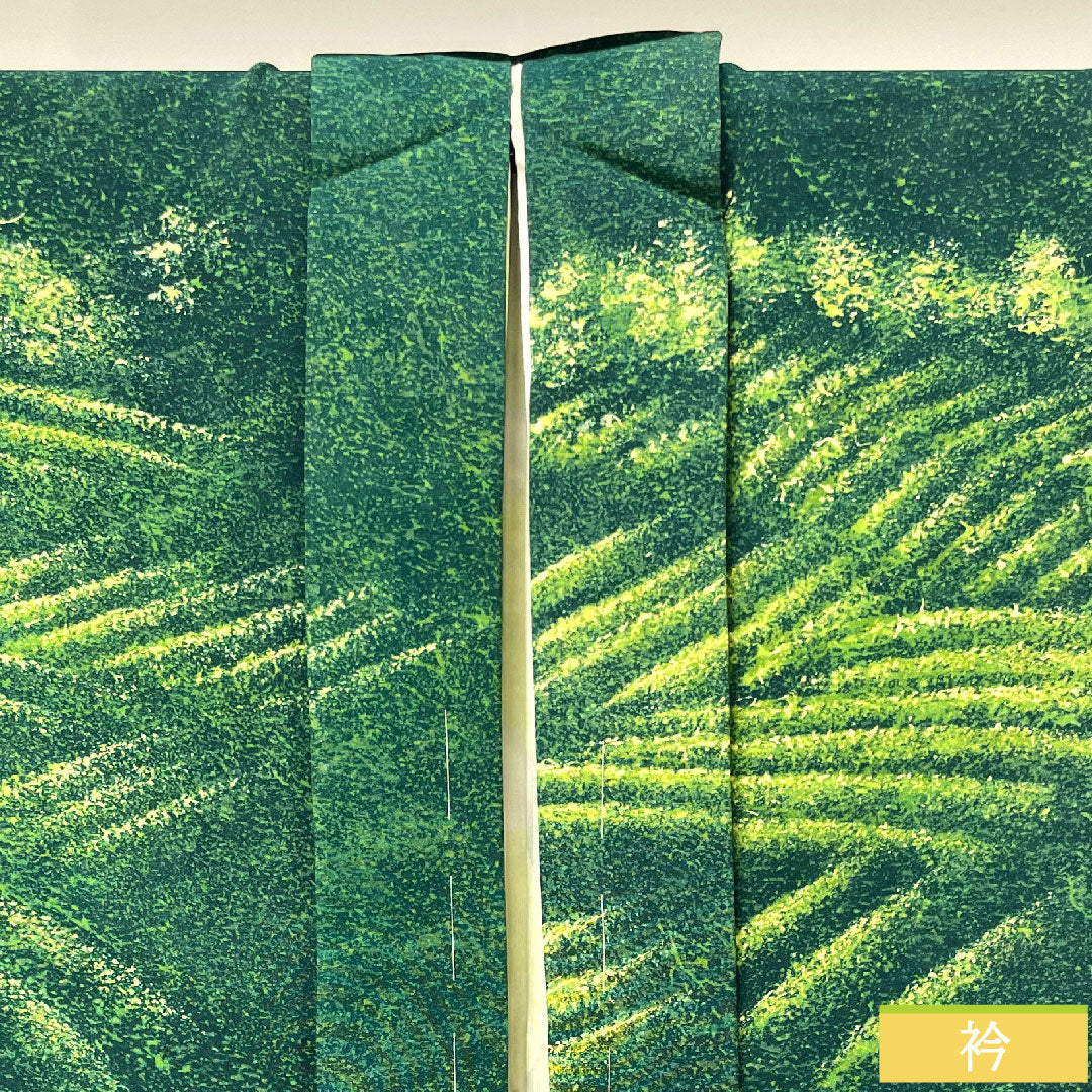 Haori (Japanese traditional coat) made of pure silk, length 83.5cm, sleeve length 67cm, iridescent color, wax-resist dyeing, abstract pattern, with basting thread, S rank, lined, green, 1117001042919