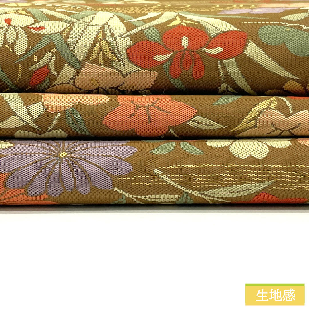 袋帯 正絹 Aランク 紹巴織 流水 草花模様 帯丈432cm 六通 セミフォーマル 茶系 1123016743314