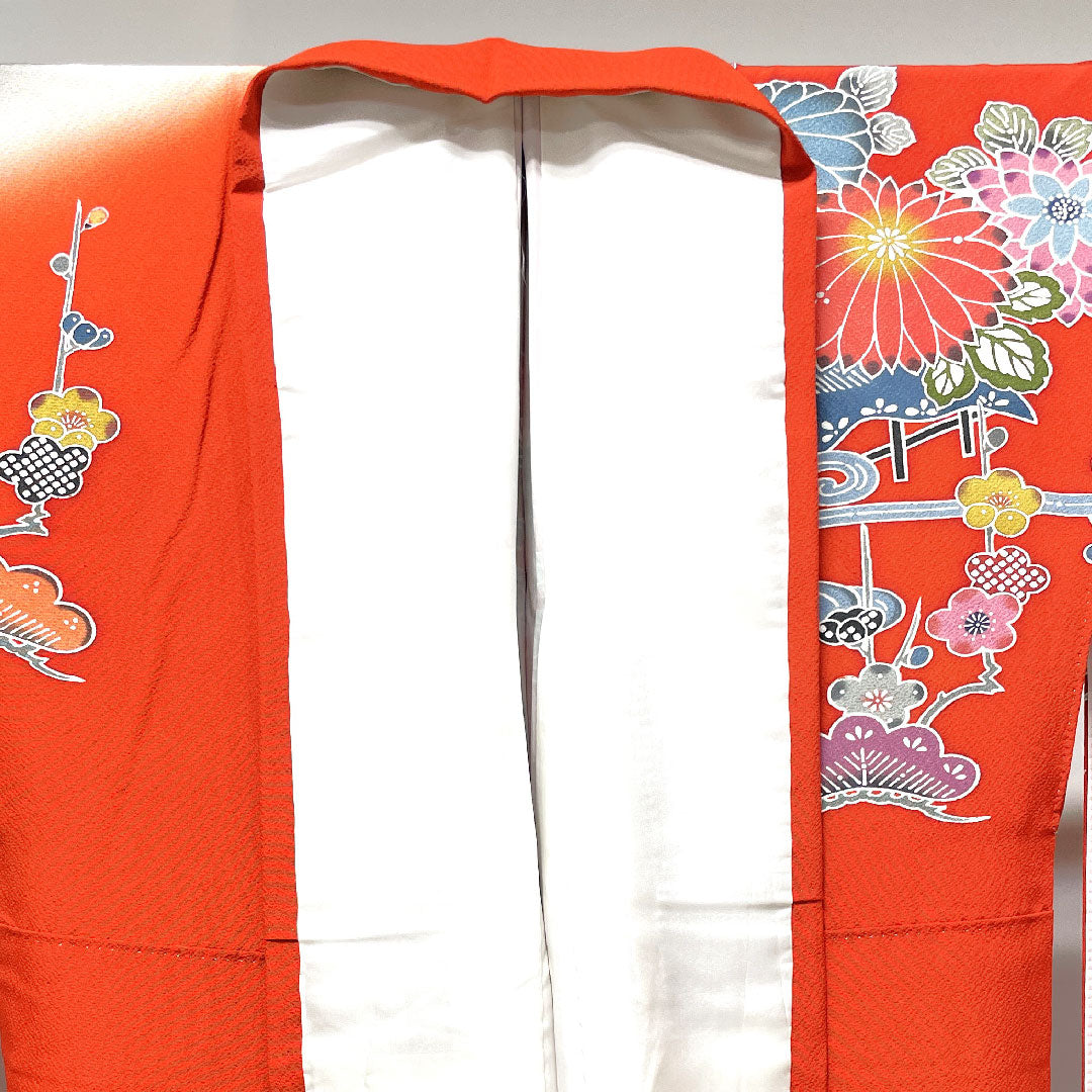 振袖 身丈158cm 裄丈66cm 袷 緋色 京紅型 松竹梅 菊 鳥 吉祥文様 正絹 Sランク 赤系 1113001602312