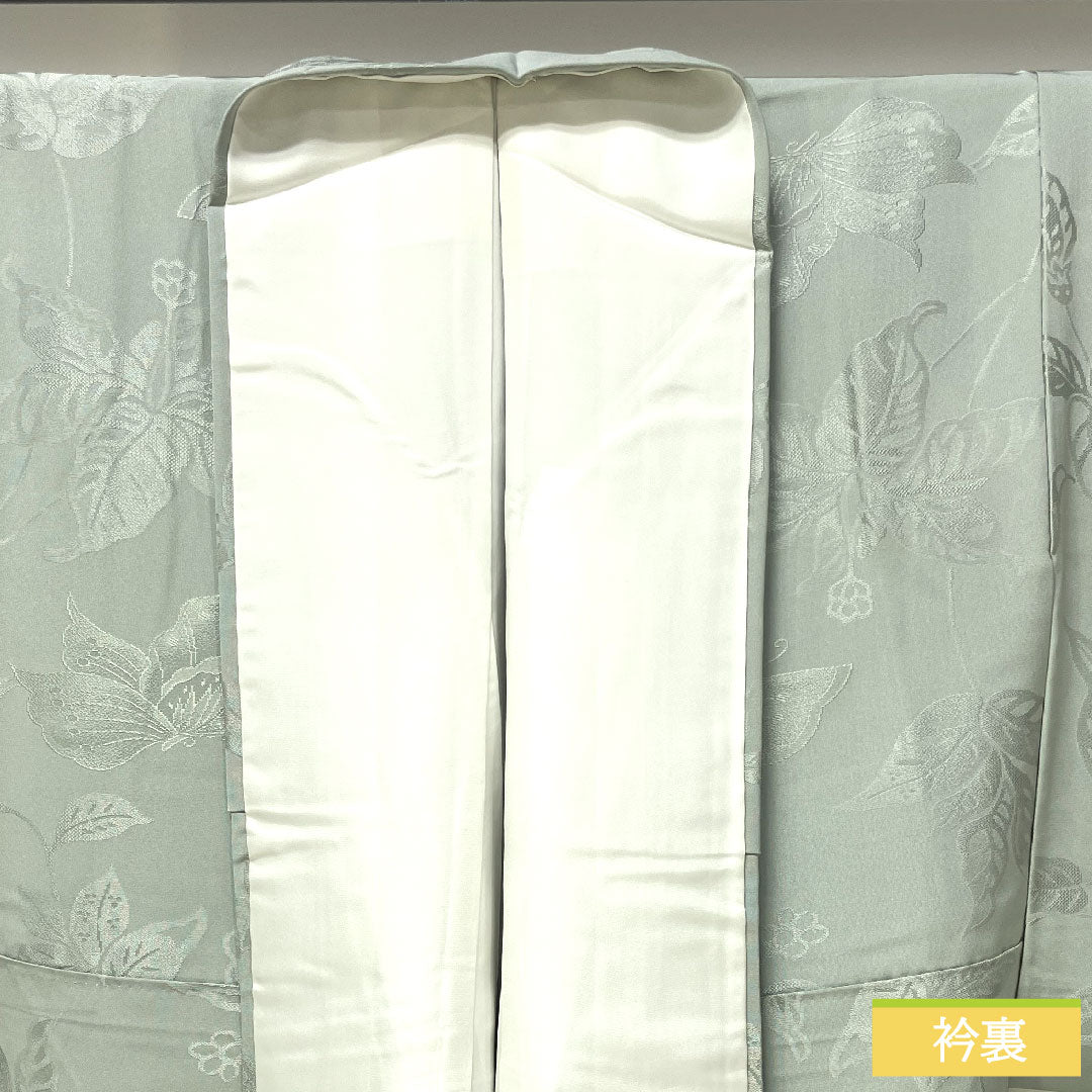 色無地 正絹 身丈155.5cm 裄丈63cm 青白磁色(せいはくじいろ) 蝶 花模様 三ツ割片喰 袷 Sランク グレー系 1114001492322