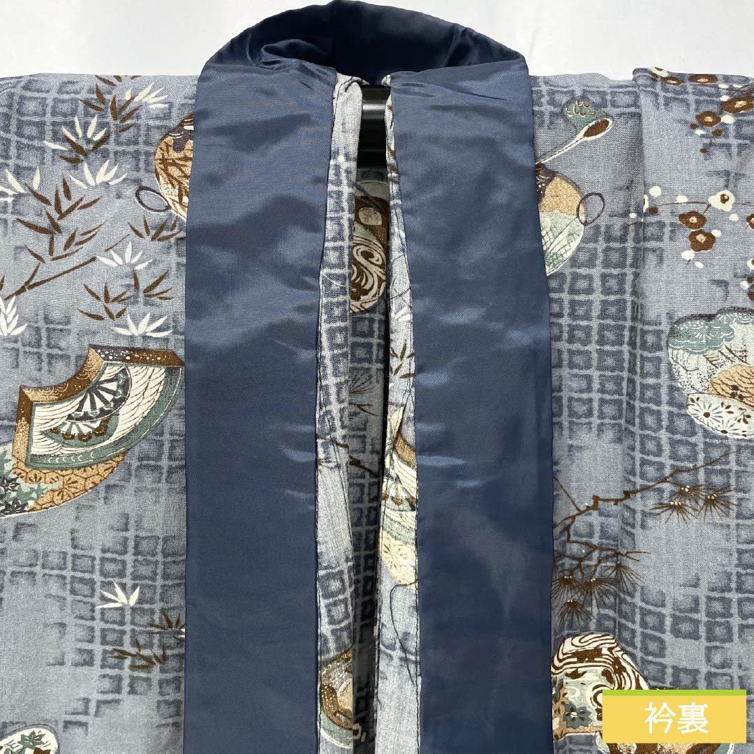 Men's wool nagajuban (long under-kimono), S-rank, length 140cm, sleeve length 62cm, gray-blue color, featuring auspicious motifs of pine, bamboo, and plum blossoms on a fan, gray-based, single-layer, 1140000732422