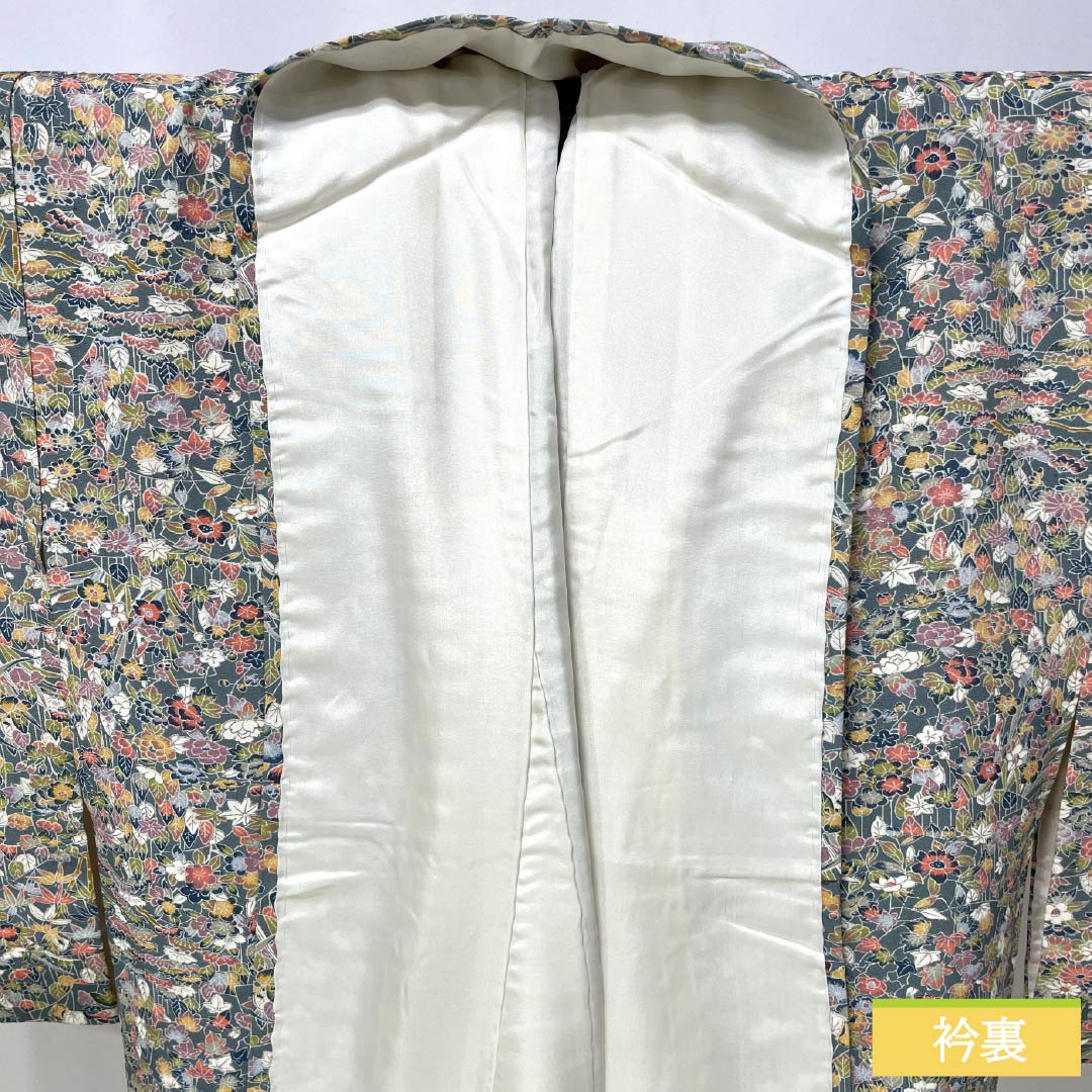 Komon (small pattern) silk, S rank, length 160cm, sleeve length 65cm, lined, Fukagawa gray (Fukagawa gray) pattern, all-over floral pattern, green tones, product number 1115007762419