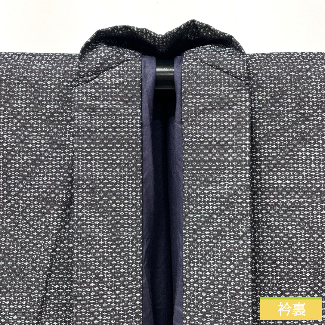 Men's silk S-rank kimono, length 140cm, sleeve length 66.5cm, Oshima Tsumugi silk with a double-colored horizontal kasuri pattern, lined, navy blue, product number 1119001852418