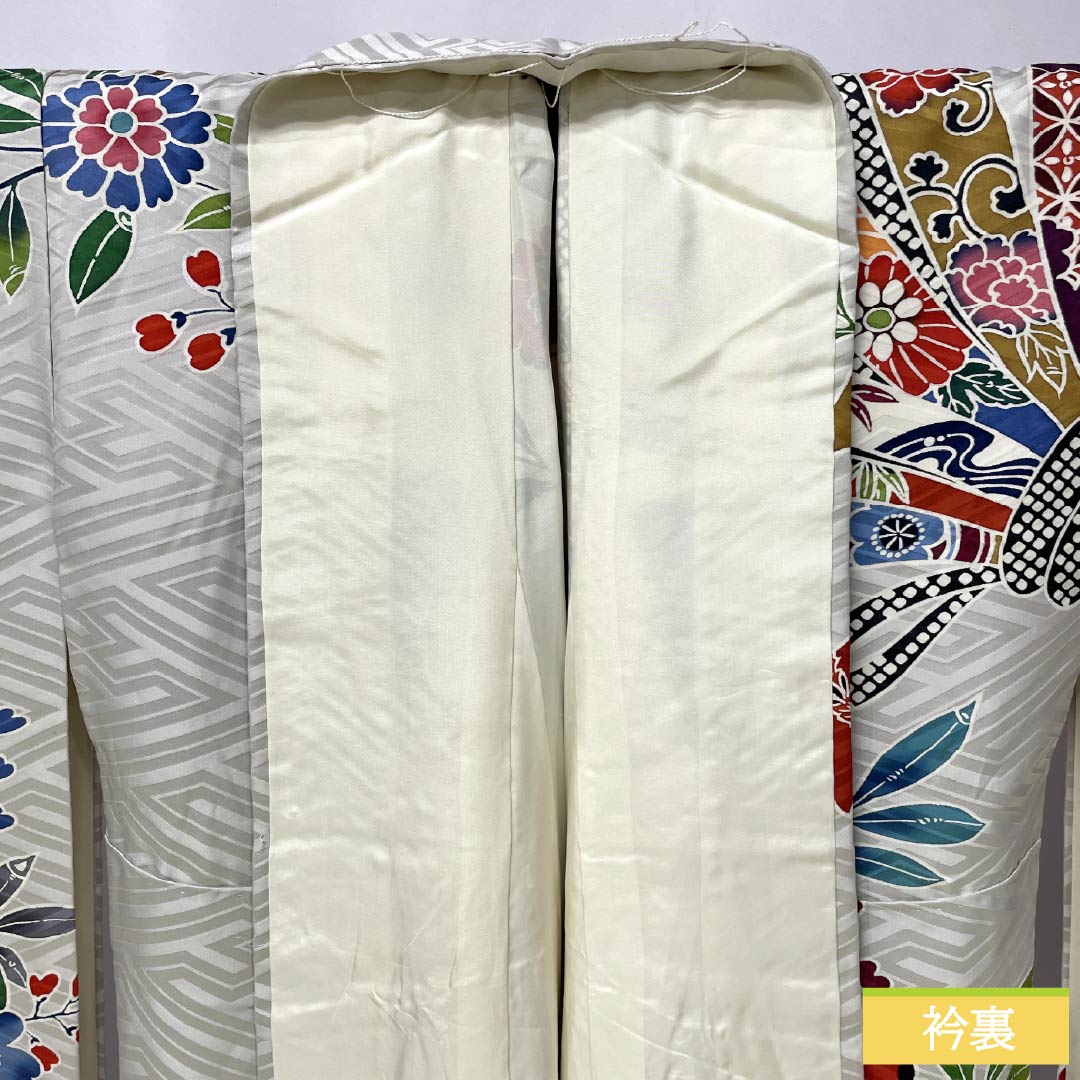 振袖 正絹 Sランク 身丈160.5cm 裄丈64cm 袷 銀白色(ぎんはくしょく) 京友禅 束ね熨斗 紗綾形 グレー系 1113002462422