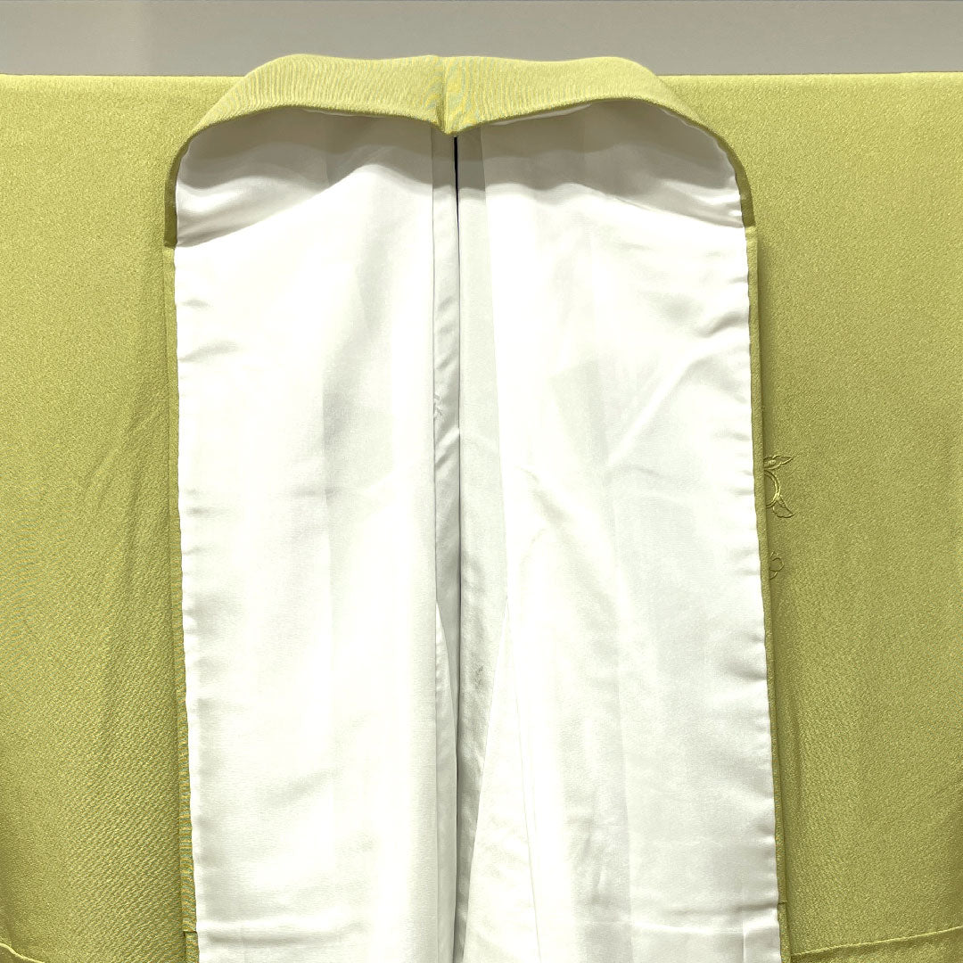 訪問着 正絹 袷 身丈156.5cm 裄丈65cm 浅青朽葉色 蘇州刺繡 汕頭刺繡 草花模様 作家物 五三桐 Sランク 緑系 1112003122319