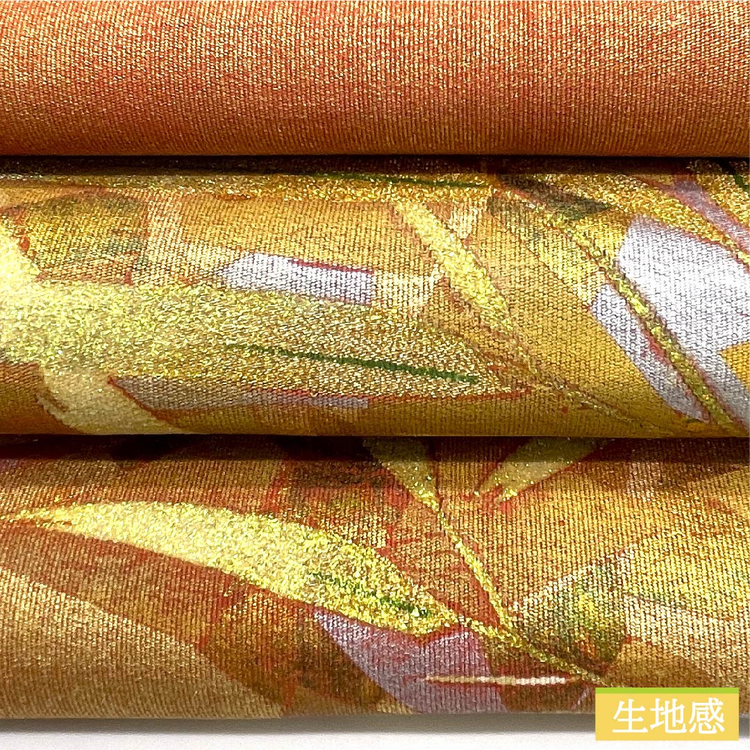 袋帯 銅色(あかがねいろ) 笹 帯丈414cm 正絹 Sランク ポイント柄 セミフォーマル 金系 1123009692321