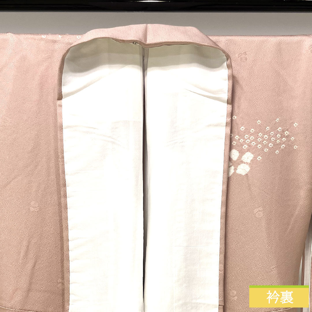 訪問着 正絹 袷 身丈159.5cm 裄丈65cm 退紅色 刺繡 部分絞り 花柄 Sランク ピンク系 1112003732313