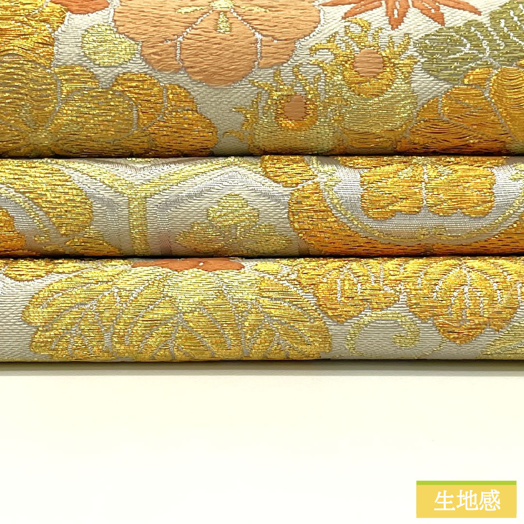 Fukuro obi, pure silk, A rank, Meikin Shiho, Nishijin-ori, auspicious patterns, obi length 430cm, rokutsu, formal, silver, 1123017413322
