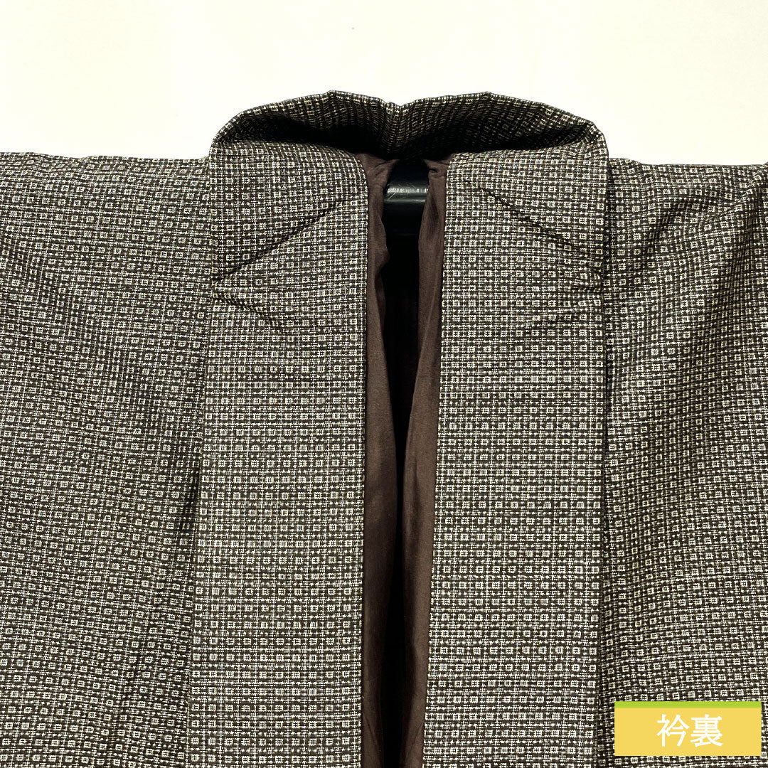 Men's A-Rank Silk Kimono, Length 144.5cm, Sleeve Length 67cm, Oshima Tsumugi Pongee with Varied Kokasuri Pattern, Mud-Dyed, Brown, Lined, Product Number: 1119001843414