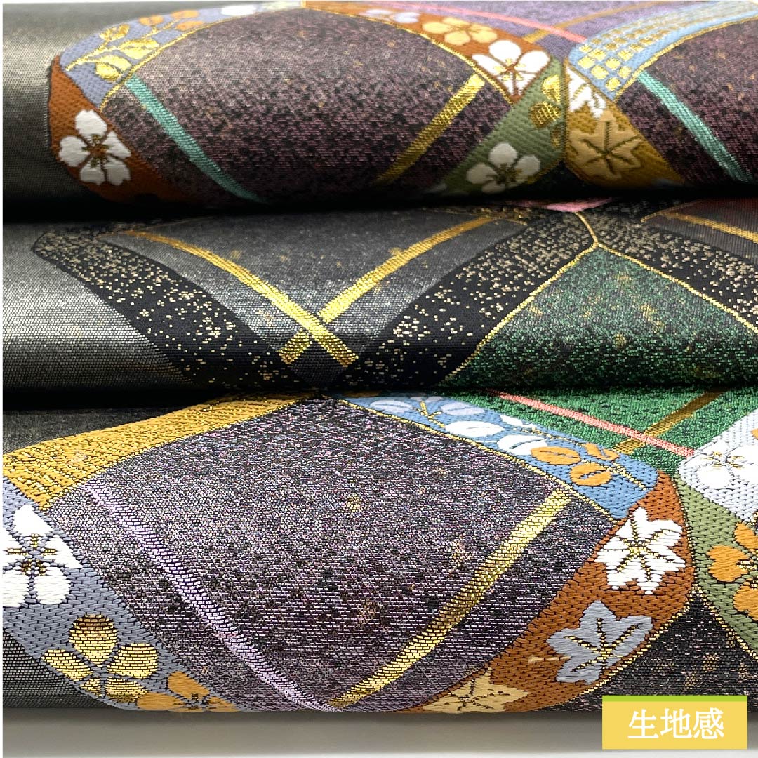 袋帯 正絹 消炭鼠色(けしずみねずみいろ) 市松違献上 うるし箔 小桜 紅葉 帯丈445cm Sランク 六通 セミフォーマル 銀系 1123011392322