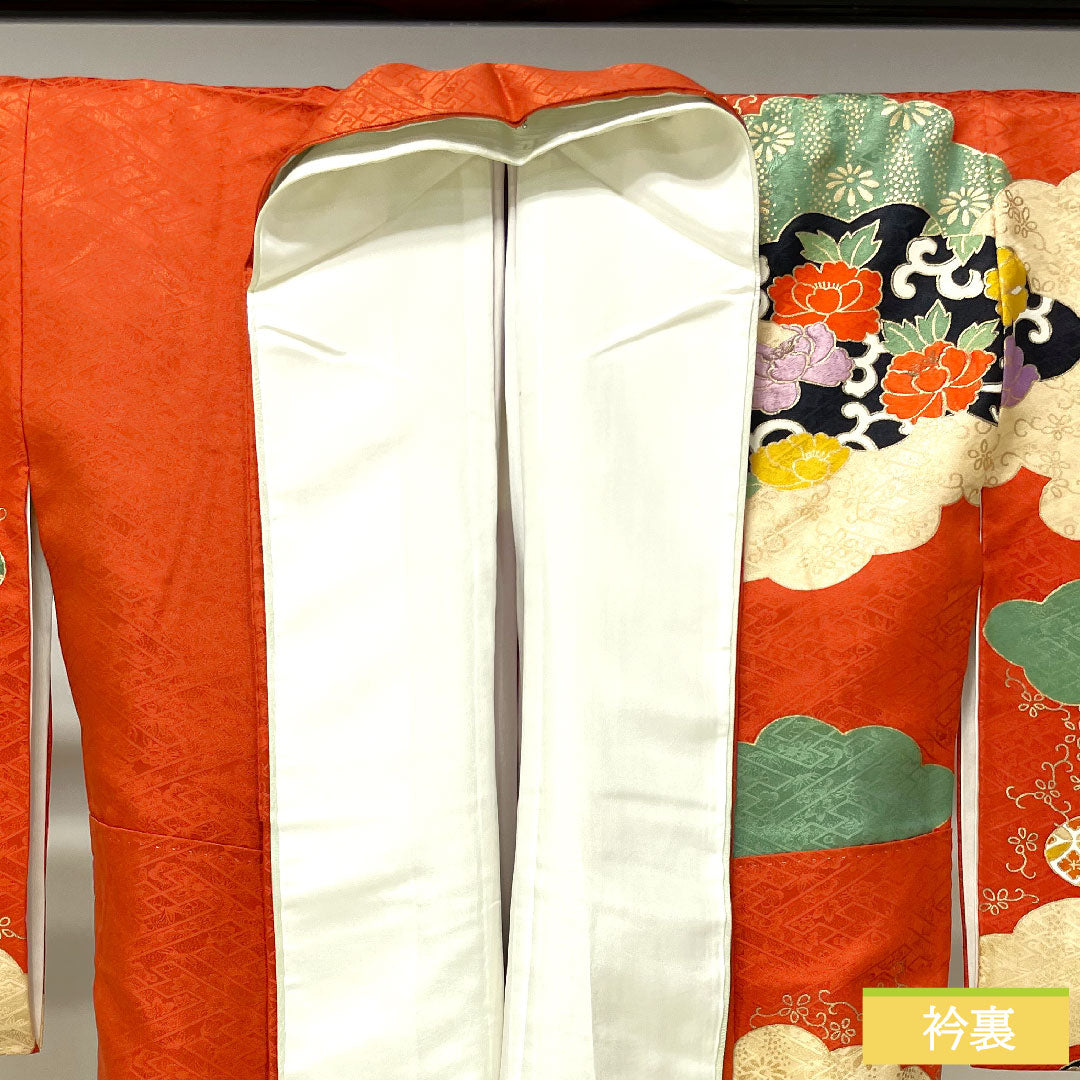 訪問着 正絹 袷 身丈160cm 裄丈63cm 緋色 京友禅 刺繡 吉祥文様 一つ紋(縫紋) 五三桐 Sランク 朱系 1112003752416