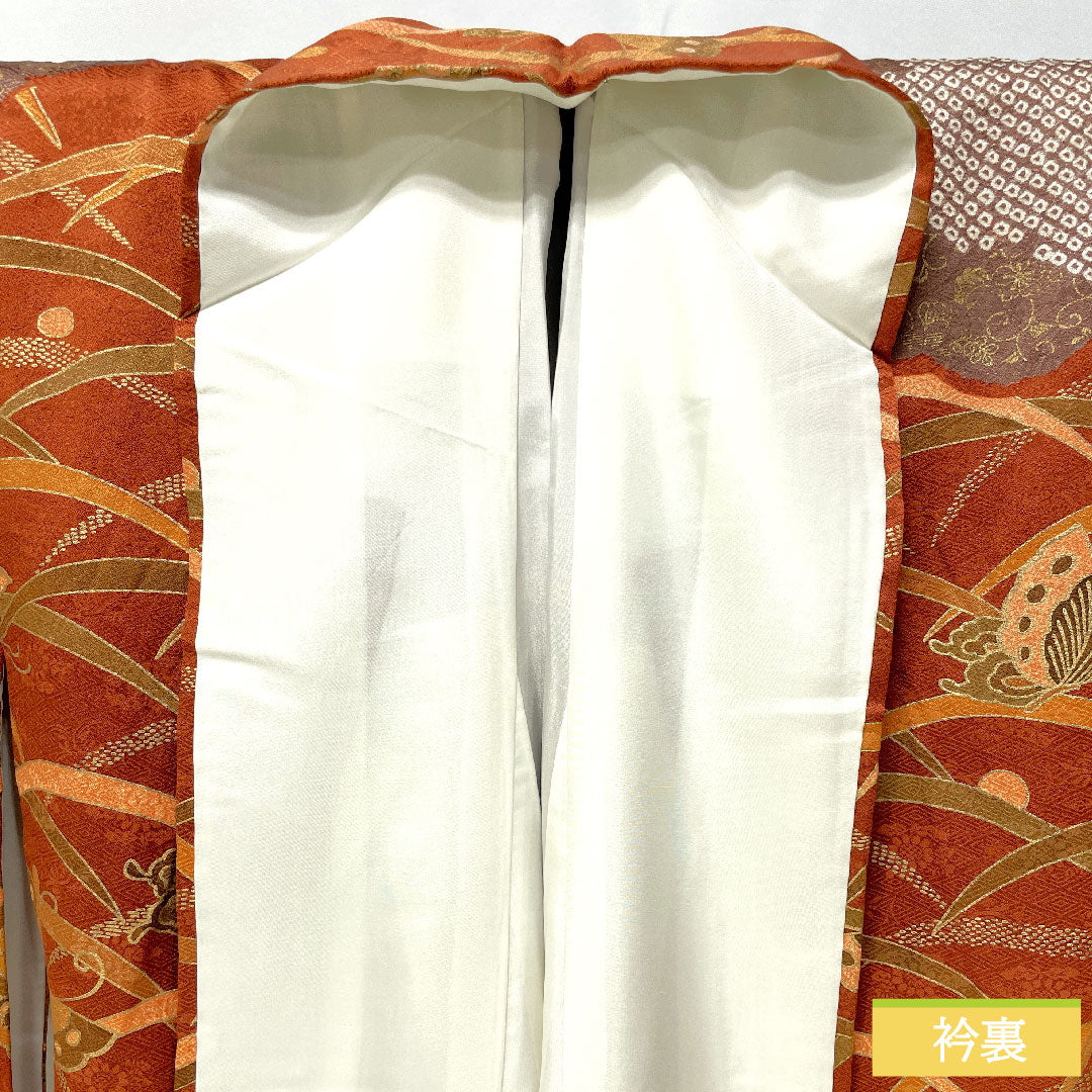 Homongi, pure silk, lined, length 163.5cm, sleeve length 64.5cm, Akatsuki Nezuiro, Kyo-Yuzen, butterfly, dew grass, S rank, brown, 1112004922414