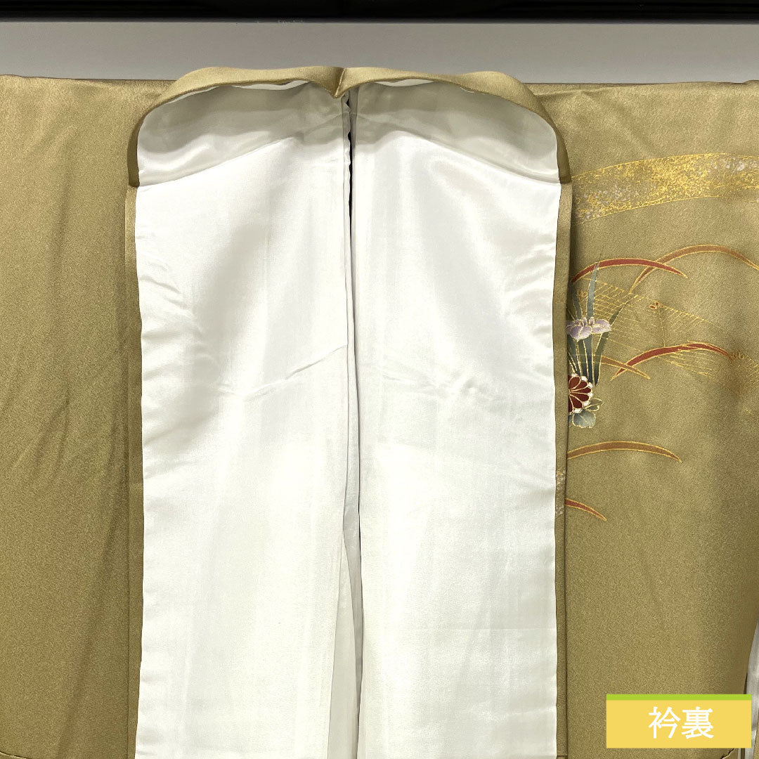 訪問着 袷 身丈167cm 裄丈66cm 芽色 京友禅 露草 巻物 一つ紋 剣片喰 正絹 Aランク 黄系 1112003933523