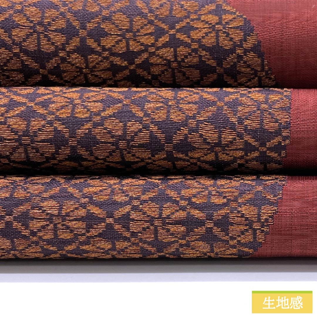 袋帯 正絹 生臙脂色(しょうえんじいろ) 紫烏色色(しうしょくいろ) 丸に七宝 丸に菊 帯丈436cm Sランク 六通 カジュアル 朱系 1123012502316