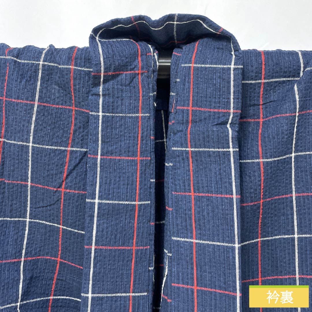 浴衣 木綿 身丈142cm 裄丈63cm Bランク 単衣 紺系 しじら織 紅白格子 1118005834118