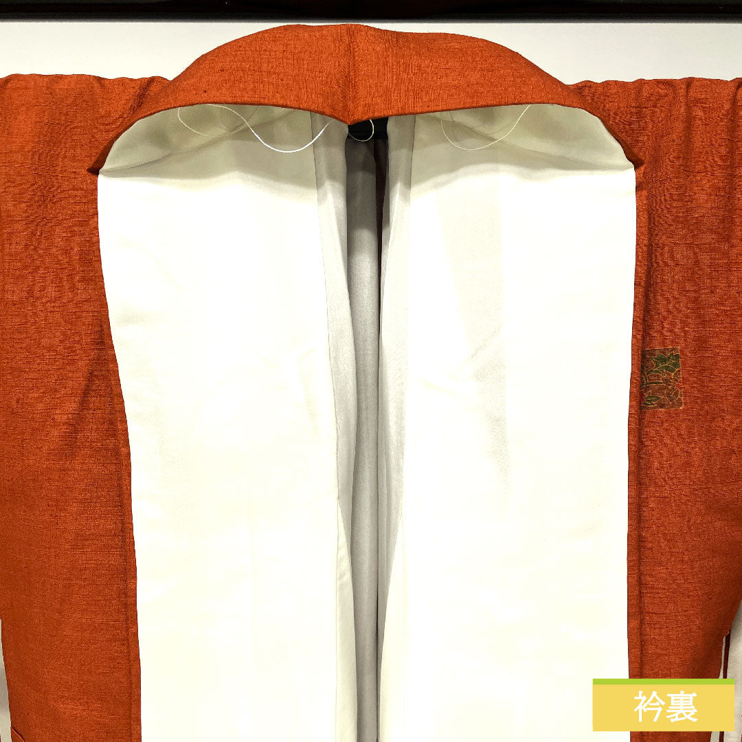 Homongi, pure silk, lined, length 159.5cm, sleeve length 64cm, scarlet, pongee fabric, floral pattern, basting thread included, unused, S rank, orange, 1112004702326
