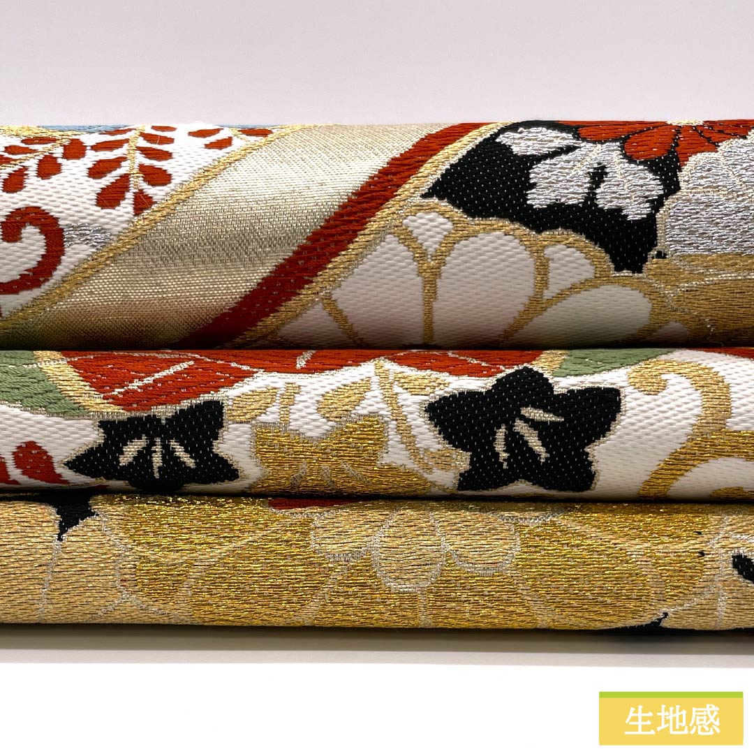 (未仕立)袋帯 正絹 Aランク 亀甲 振袖用 吉祥文様 桐 帯丈420cm 六通 フォーマル 金系 1123014203321