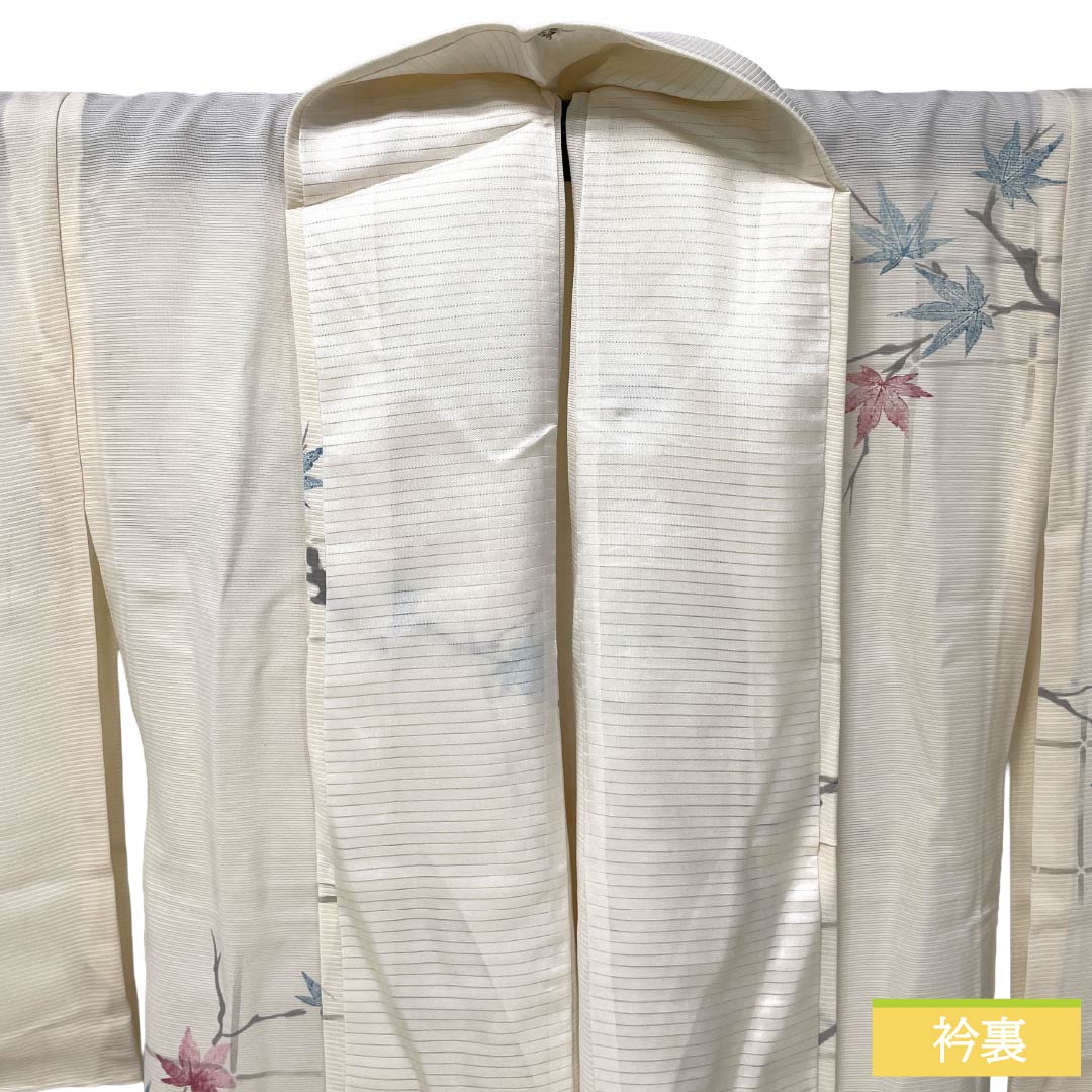 夏物 正絹 小紋 Sランク 身丈163.5cm 裄丈63.5cm 練色(ねりいろ) 紅葉 竹垣 絽 クリーム系 1132004722415