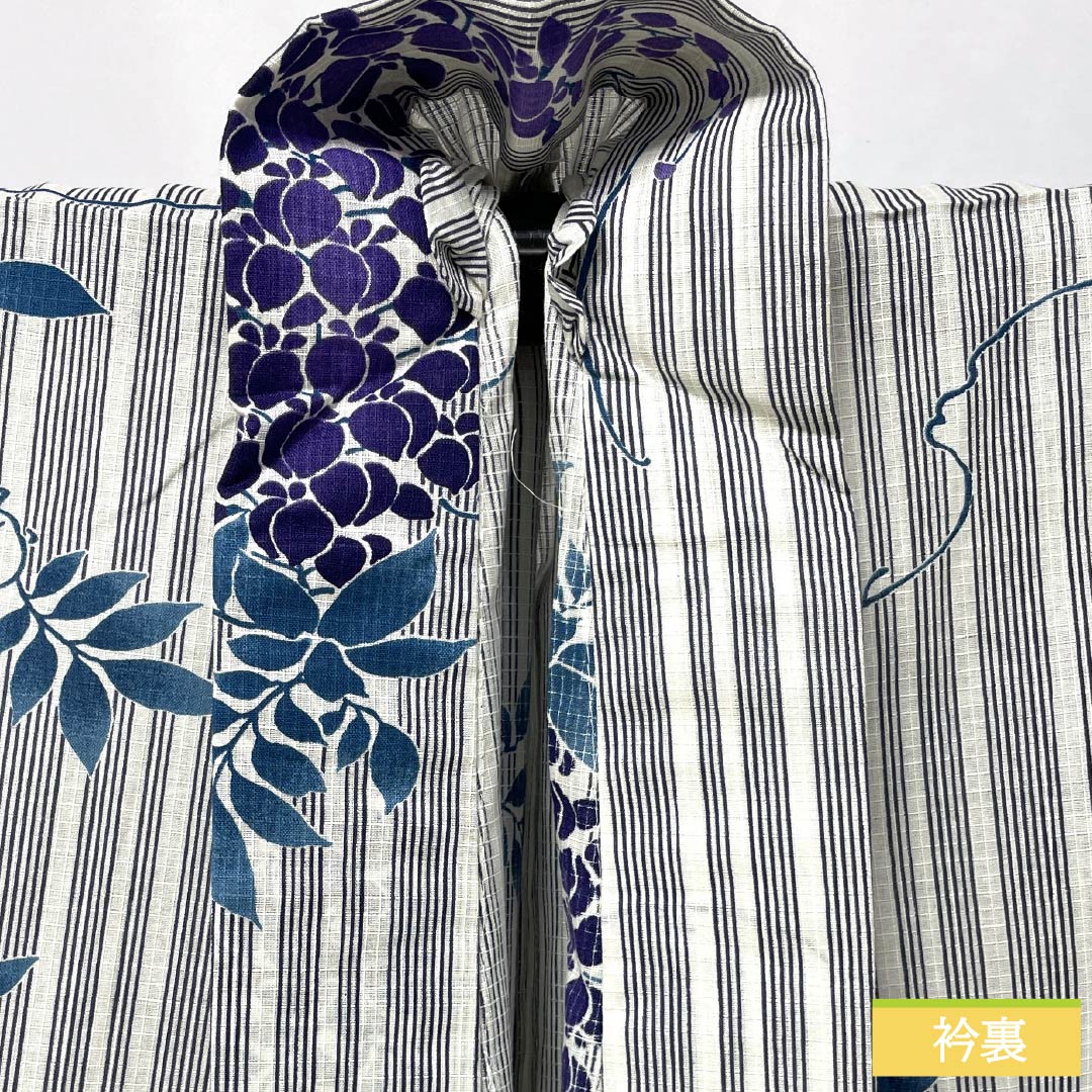 Cotton Yukata, Length 166cm, Sleeve Length 66.5cm, S Rank, Single Layer, White with Wisteria Stripes, 1118006692511