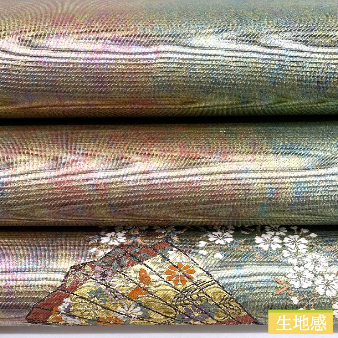 袋帯 玉虫色(たまむしいろ) 扇面 桜 蝶 帯丈438cm 正絹 Sランク ポイント柄 セミフォーマル グラデーション系 1123011082399