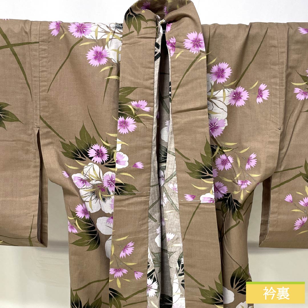 浴衣 木綿 身丈163.5cm 裄丈65.5cm Sランク 単衣 ベージュ系 茶鼠色(ちゃねずいろ) 撫子 1118006202425