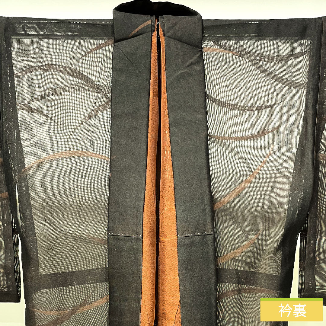 Summer pure silk komon length 161cm sleeve length 65.5cm reddish black (akaguroiro) monsha (monsha), tsuyukusa (dayflower) gauze, S rank, brown 1132001892414