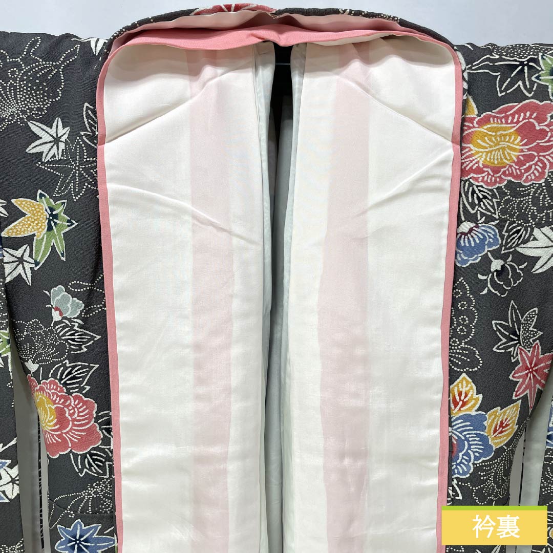 小紋 正絹 Sランク 身丈154cm 裄丈64cm 袷 薄黒色(うすぐろいろ) 京紅型 半衿付き 蝶 花 グレー系 1115007742222