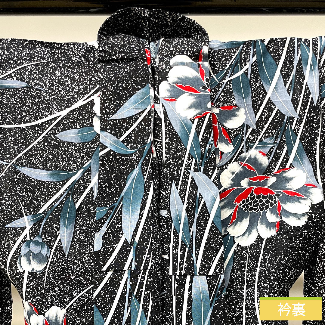 浴衣 木綿 身丈168.5cm 裄丈63cm Sランク 単衣 黒系 芍薬 1118004622510
