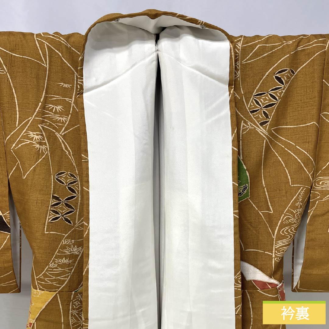 小紋 正絹 Aランク 身丈163.5cm 裄丈64.5cm 袷 金茶色(きんちゃいろ) 京紅型 短冊 紬地 橙系 1115006363426